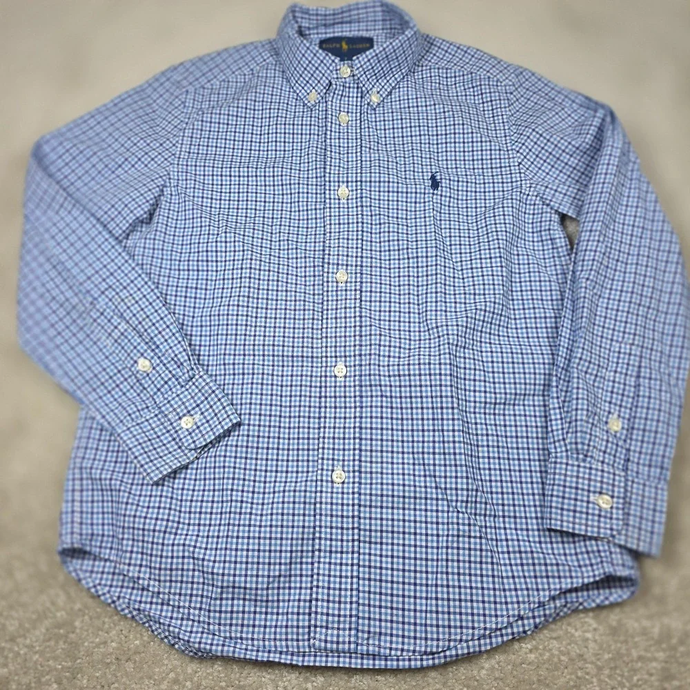 Ralph Lauren Shirt Kids 7 Blue White‎ Cotton Check Long Sleeve Button Down